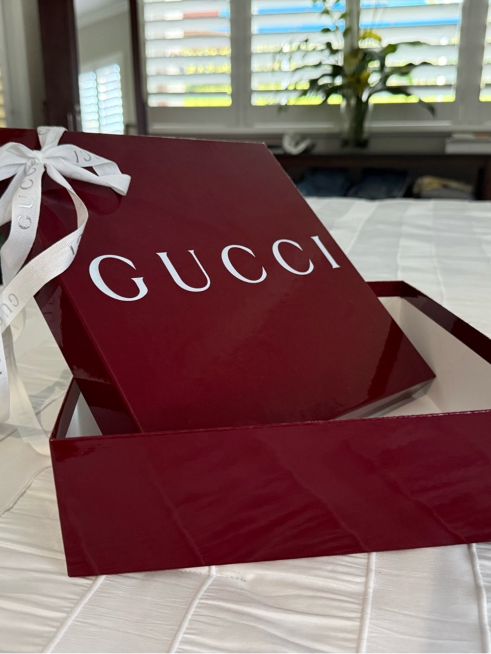 Gucci Burgundy Box with White Branded Ribbon